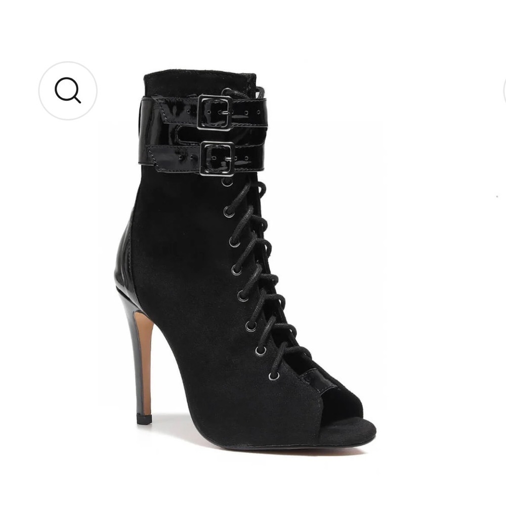NWT BURJU Under The Influence Open Toe Lace Up Buckle Ankle Boots | Blac…